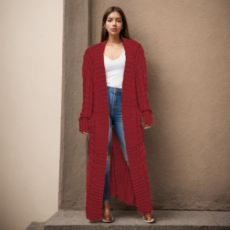 Damen Langer Strickcardigan mit raffiniertem Zopfdesign und praktischen Taschen Heidi-Mode