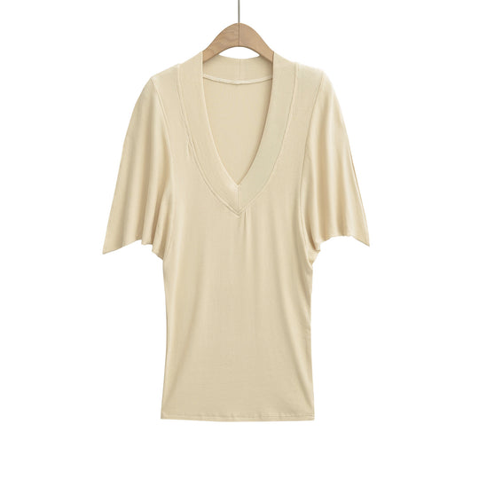 Damen V-Ausschnitt Oversized Shirt mit Schmetterlingsärmeln und raffinierter Struktur Heidi-Mode