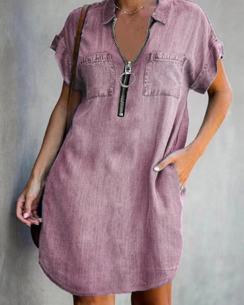 Damen Chambray Kleid mit Reißverschluss und praktischen Taschen Heidi-Mode