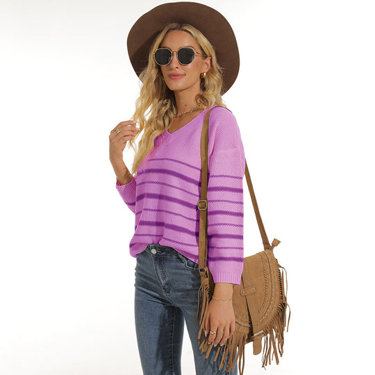 Damen lässiger Pullover mit modernem Streifenmuster und V-Ausschnitt Heidi-Mode