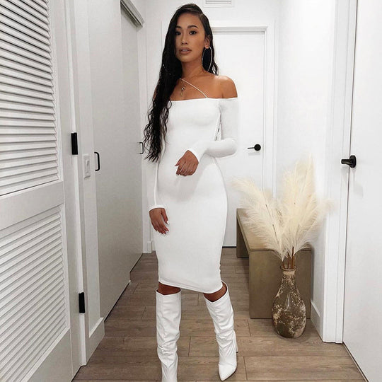 Damen figurbetontes Off-Shoulder-Minikleid mit langen Ärmeln Heidi-Mode