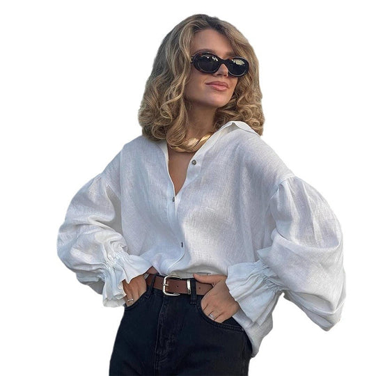 Damen lässige Leinenbluse mit ballonärmel Heidi-Mode