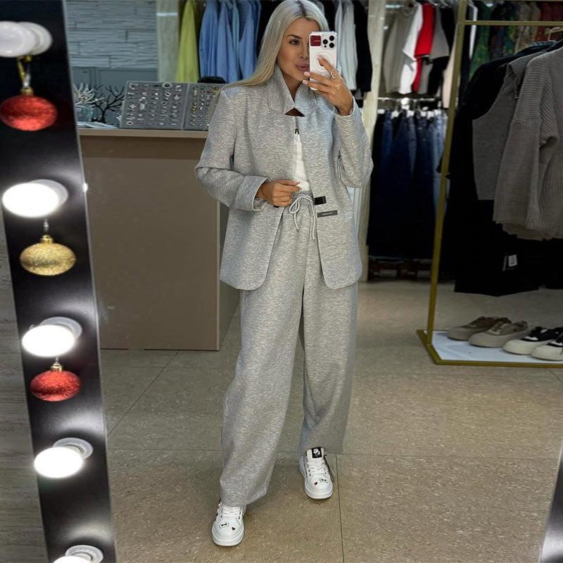 Damen lässige Sweater-Blazer-Kombination mit weit geschnittenen Hosen Heidi-Mode