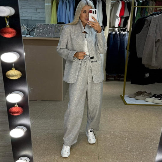 Damen lässige Sweater-Blazer-Kombination mit weit geschnittenen Hosen Heidi-Mode