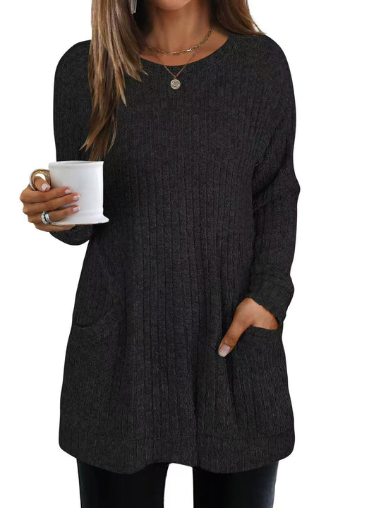 Damen lässiger Strickpullover mit seitlichen Eingrifftaschen und Rippenstruktur Heidi-Mode