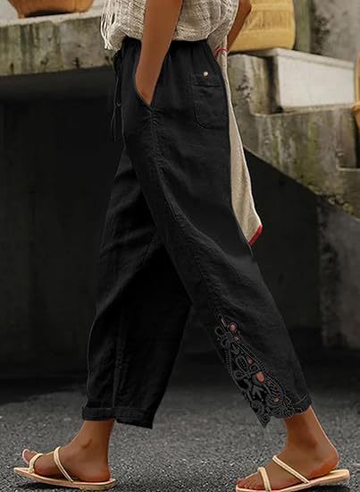Damen luftige Leinenhose mit dekorativen Stickereien Heidi-Mode