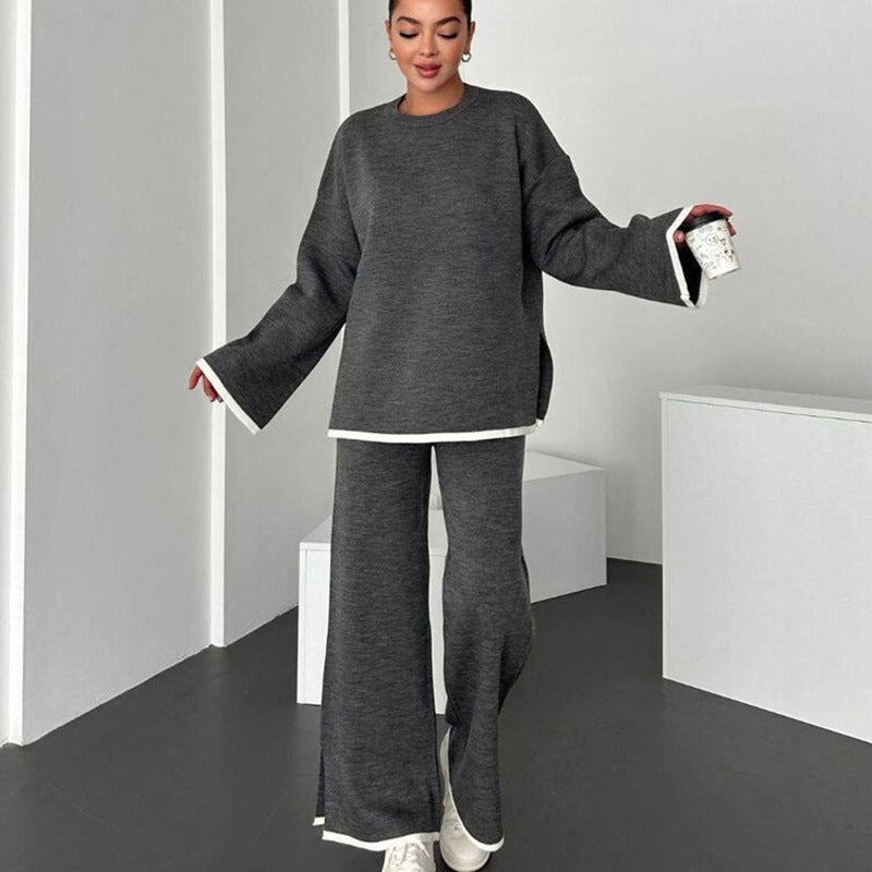 Damen lässiger Strickanzug mit weitem Schnitt und seitlichen Schlitzen Heidi-Mode