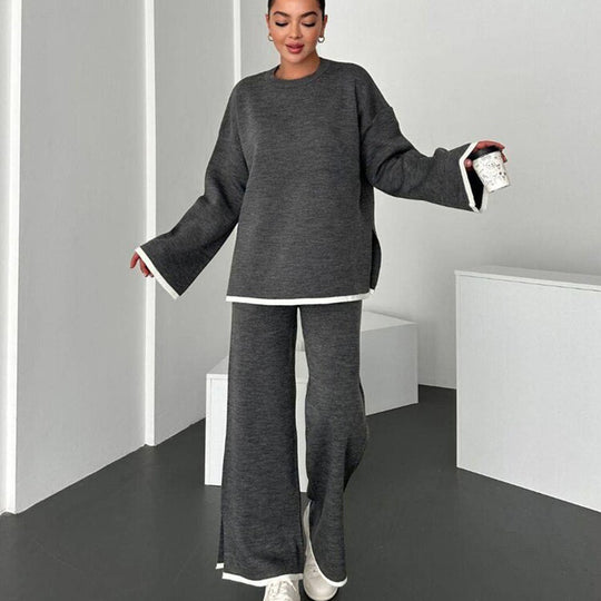 Damen lässiger Strickanzug mit weitem Schnitt und seitlichen Schlitzen Heidi-Mode