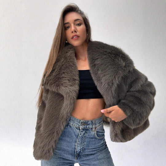 Damen Modischer Kunstpelz-Cropped-Jacke mit voluminösen Ärmeln Heidi-Mode