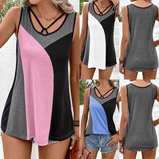 Damen ärmelloses Colorblock Oberteil mit modischem V-Ausschnitt Heidi-Mode