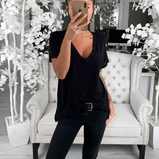 Damen lässiges V-Ausschnitt T-Shirt mit lockerer Passform Heidi-Mode