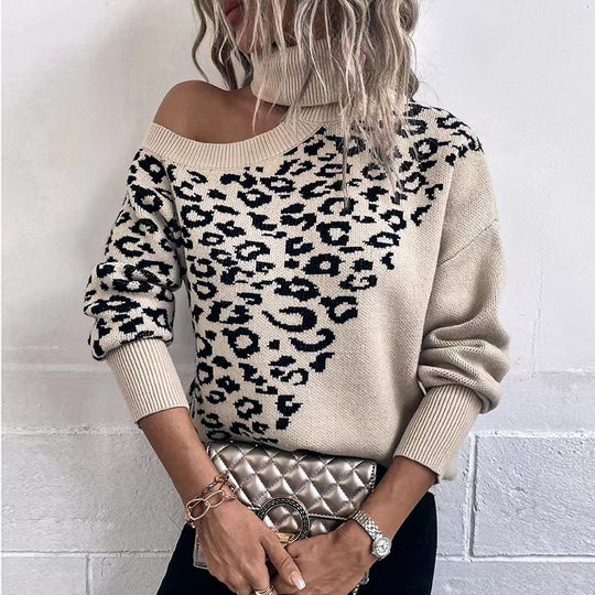 Damen Pullover mit modernem Leopardenmuster und off-shoulder Design Heidi-Mode