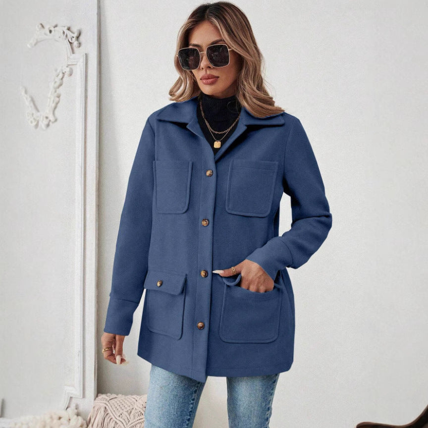Damen Modische Utility-Jacke mit großen Taschen und goldenem Druck Heidi-Mode