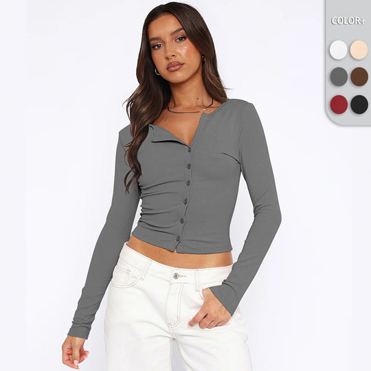 Damen figurbetontes Langarmshirt mit Knopfleiste Heidi-Mode
