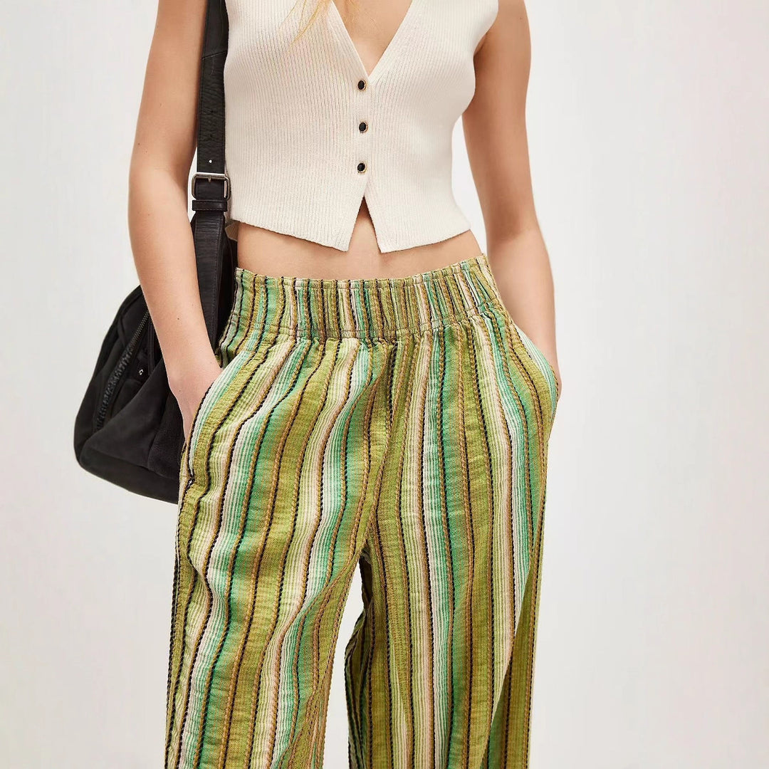 Damen weite gestreifte Sommerhose mit elastischem Bund und Taschen Heidi-Mode