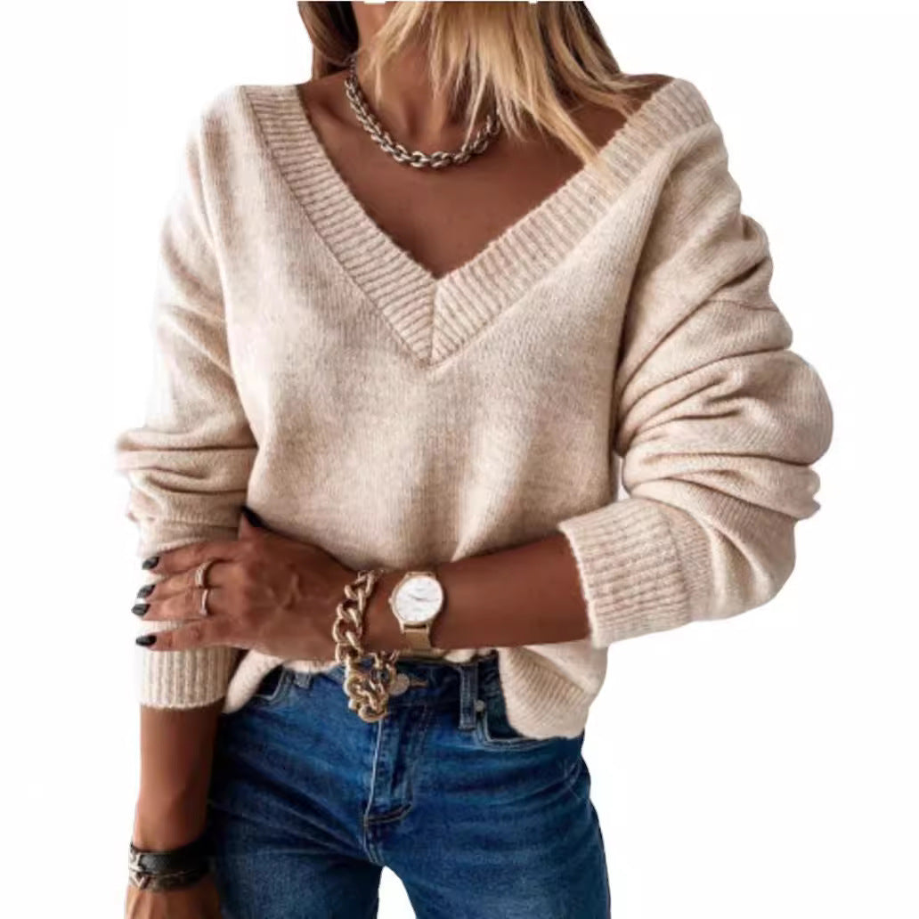 Damen V-Ausschnitt Strickpullover mit lockerem Schnitt Heidi-Mode