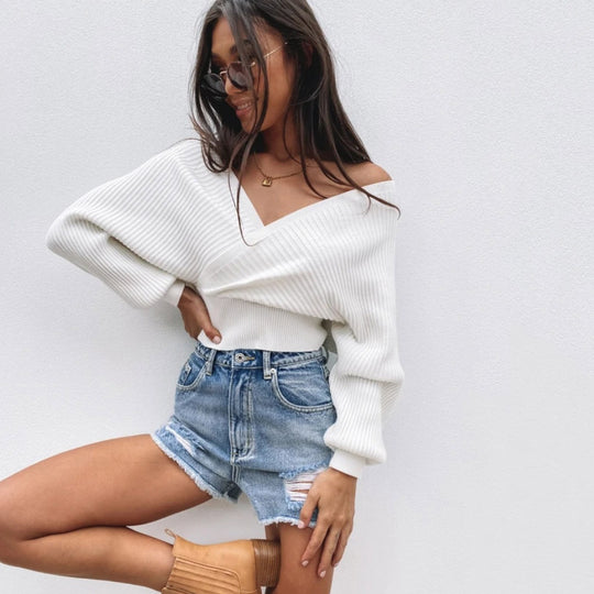 Damen lässiger V-Ausschnitt Pulli mit breiten Ärmeln und Rippstruktur Heidi-Mode