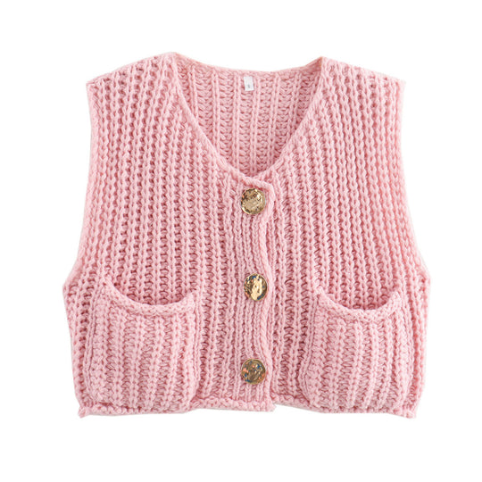 Damen Strickweste mit knopfverzierter Front und Taschen Heidi-Mode