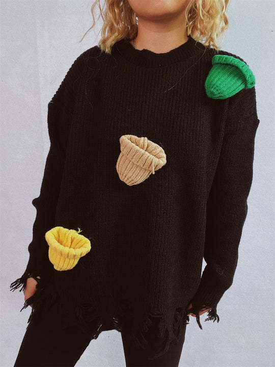 Damen lässiger Oversize-Pullover mit fransigen Details und bunten Applikationen Heidi-Mode