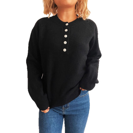 Damen gemütlicher Strickpullover mit Knopfdetails Heidi-Mode