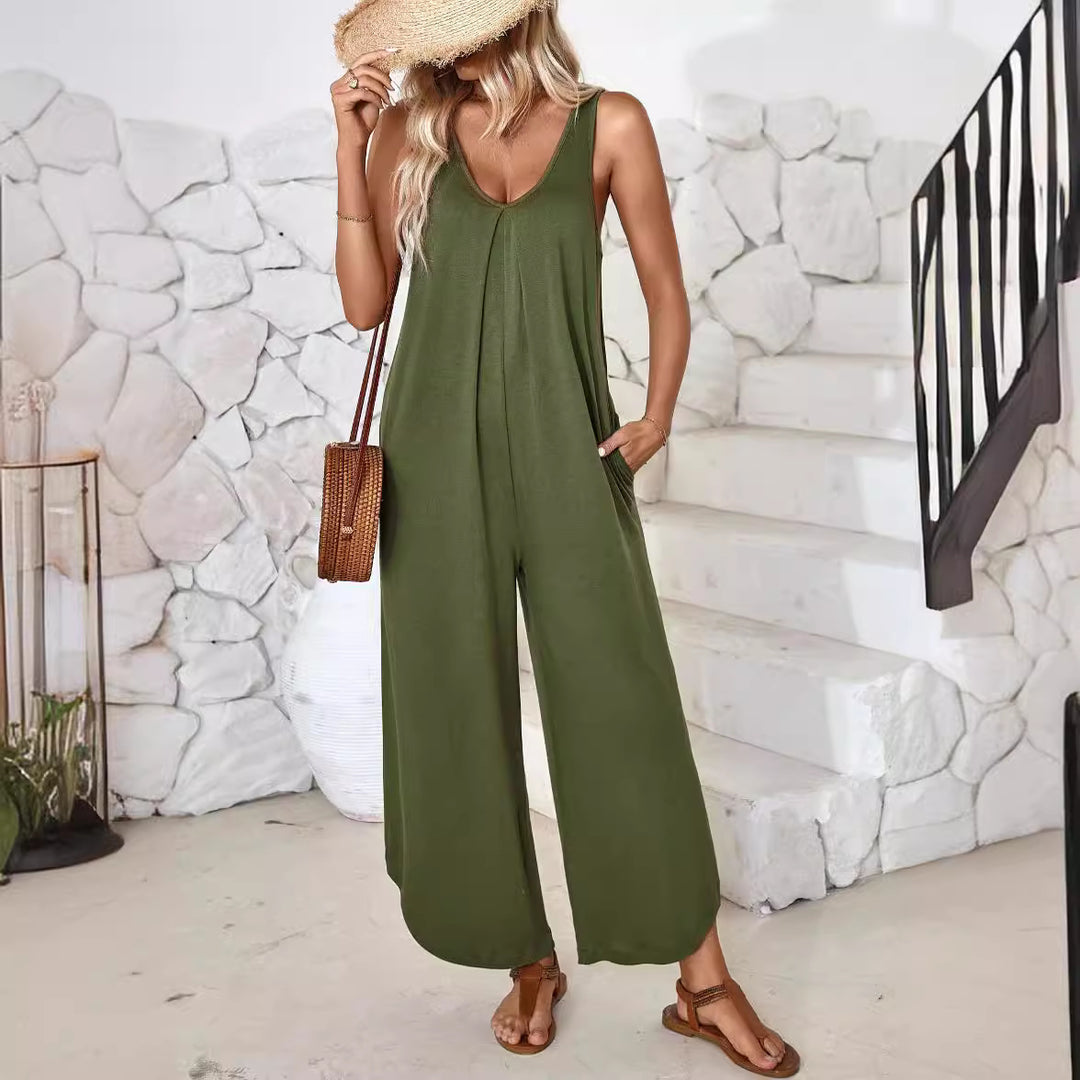 Damen luftiger Jumpsuit mit weitem Bein und praktischen Taschen Heidi-Mode