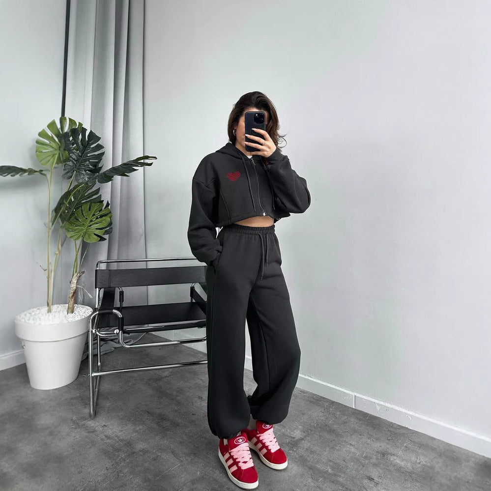 Damen lässiges Cropped Hoodie-Set mit weiten Jogginghosen Heidi-Mode
