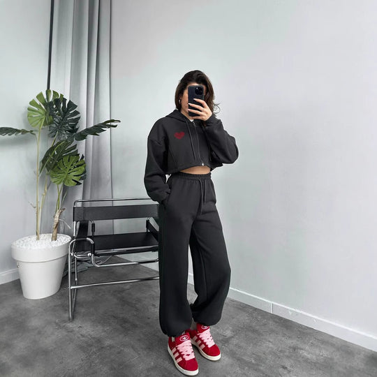 Damen lässiges Cropped Hoodie-Set mit weiten Jogginghosen Heidi-Mode
