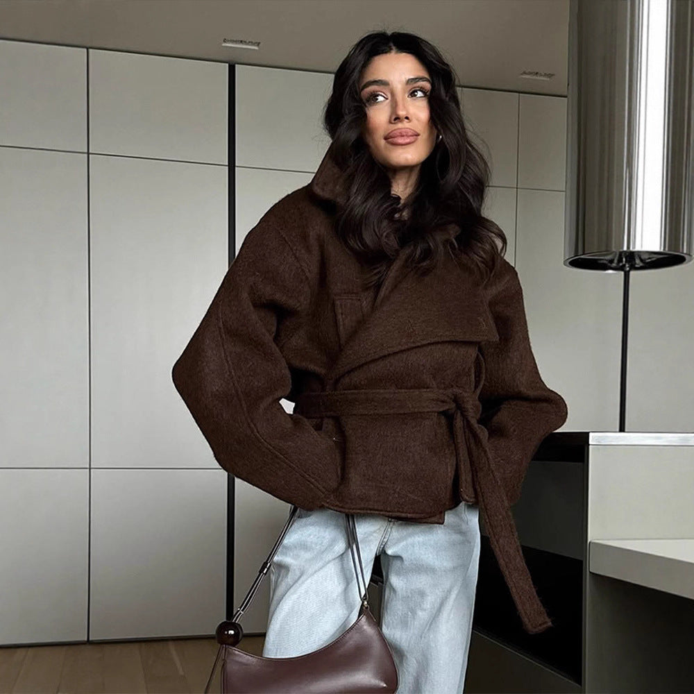 Damen elegante Oversized-Wolljacke mit Gürtel Heidi-Mode