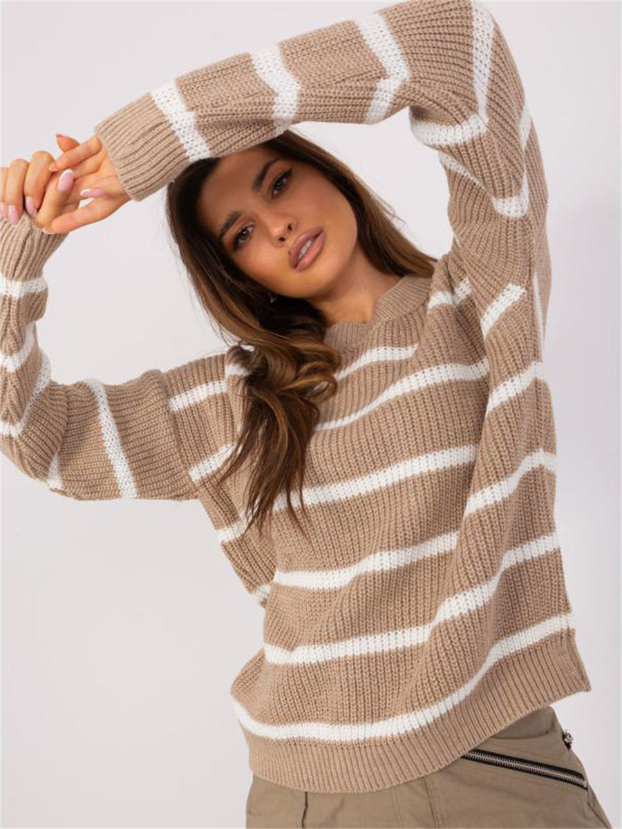 Damen lässiger Strickpullover mit modernem Streifenmuster und weitem Schnitt Heidi-Mode