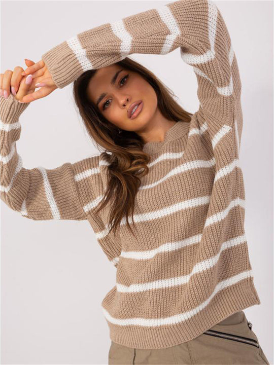 Damen lässiger Strickpullover mit modernem Streifenmuster und weitem Schnitt Heidi-Mode