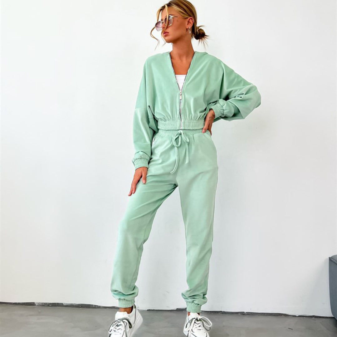 Damen sportlicher Fleece-Jogginganzug mit hohem Kragen und elastischem Bund Heidi-Mode