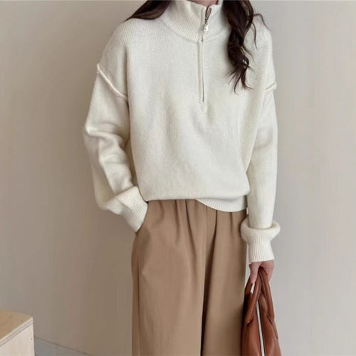 Damen lässiger Pullover mit kurzem Reißverschluss und entspannter Passform Heidi-Mode