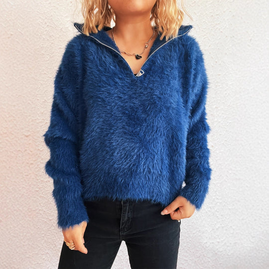 Damen kuscheliger Pullover mit hohem Kragen und Reißverschluss Heidi-Mode