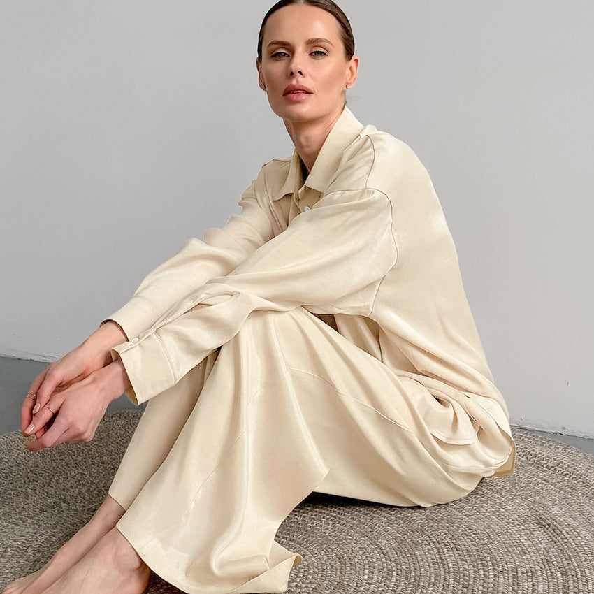 Heidi-Mode | Imitat Seide Pyjama Lose Lange Ärmel Hose Zwei Teile Set Modisch Unterstützung Außenbekleidung Damen Homewear