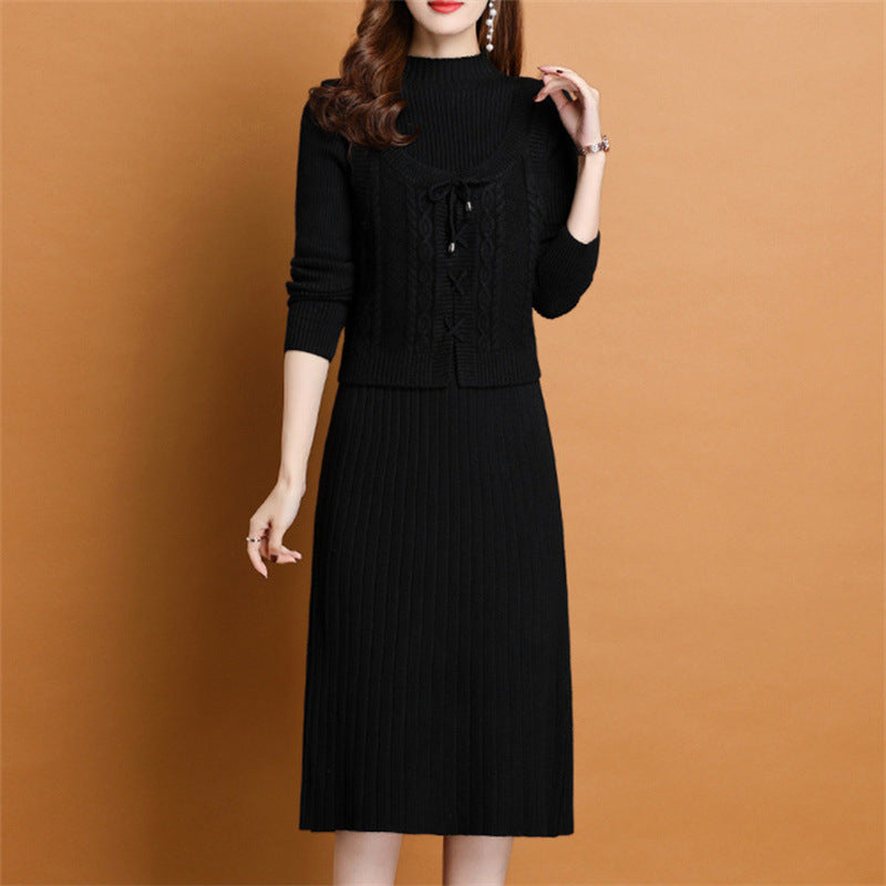 Damen elegantes Strickkleid mit hochgeschlossenem Kragen und dekorativem Zopfdesign Heidi-Mode
