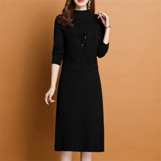 Damen elegantes Strickkleid mit hochgeschlossenem Kragen und dekorativem Zopfdesign Heidi-Mode