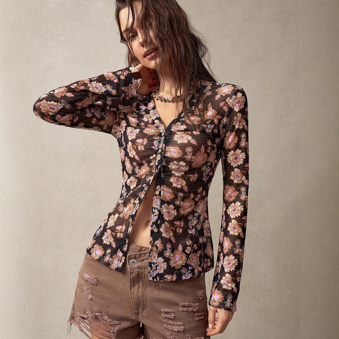 Damen Blumendruck Langarmoberteil Heidi-Mode