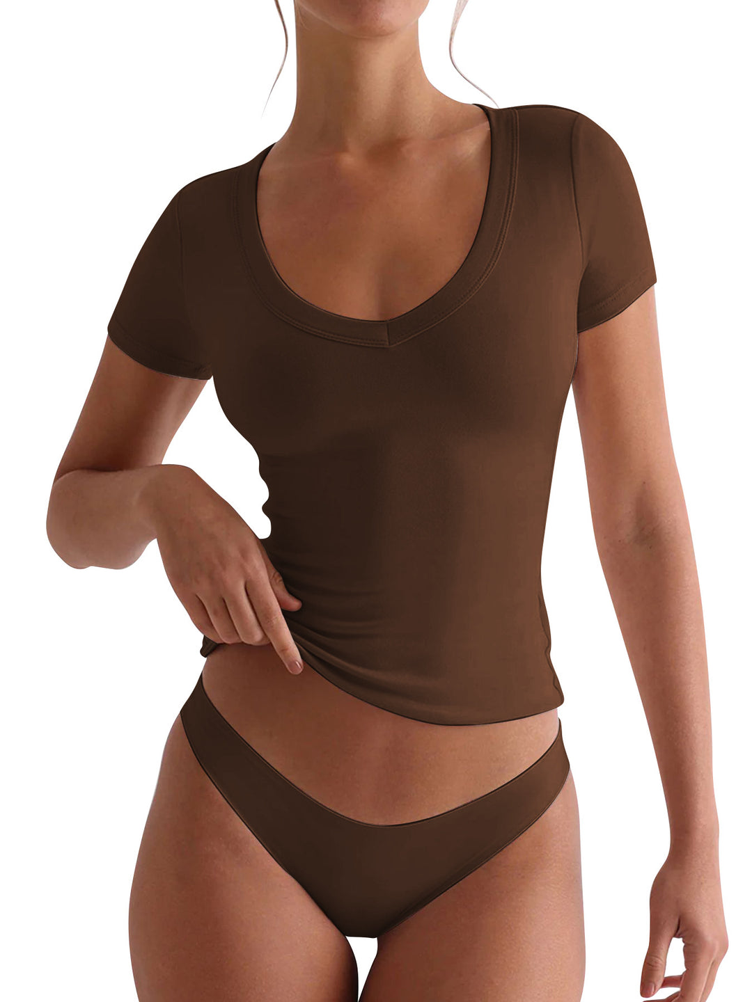 Damen figurbetontes V-Neck T-Shirt mit kurzen Ärmeln Heidi-Mode