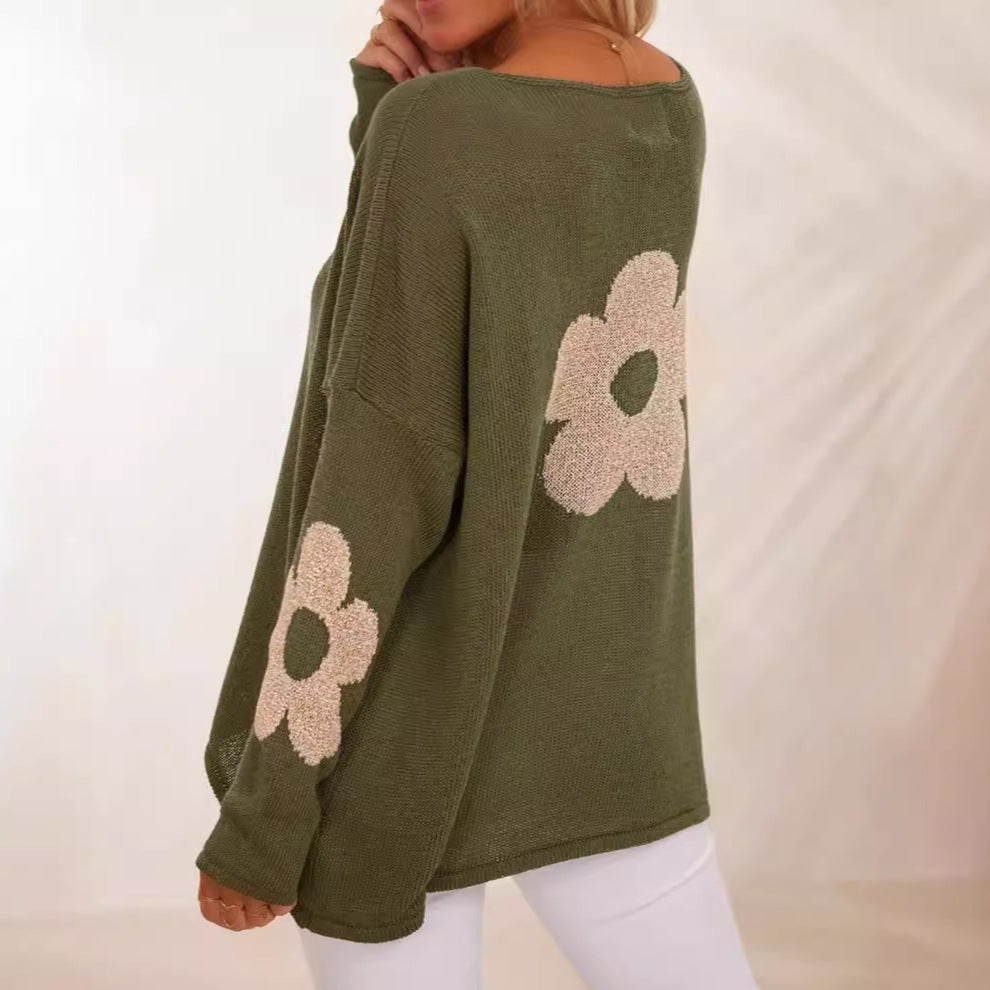 Damen grob gestrickter Pullover mit floralem Design und weitem Schnitt Heidi-Mode