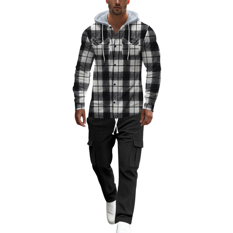 Herren gemusterte Kapuzenshirtjacke mit karierter Struktur und praktischen Taschen Heidi-Mode