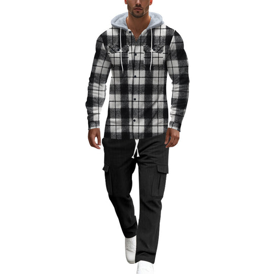 Herren gemusterte Kapuzenshirtjacke mit karierter Struktur und praktischen Taschen Heidi-Mode