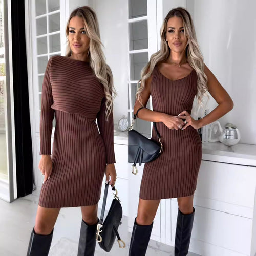 Damen Strickkleid mit V-Ausschnitt und Langarm Heidi-Mode