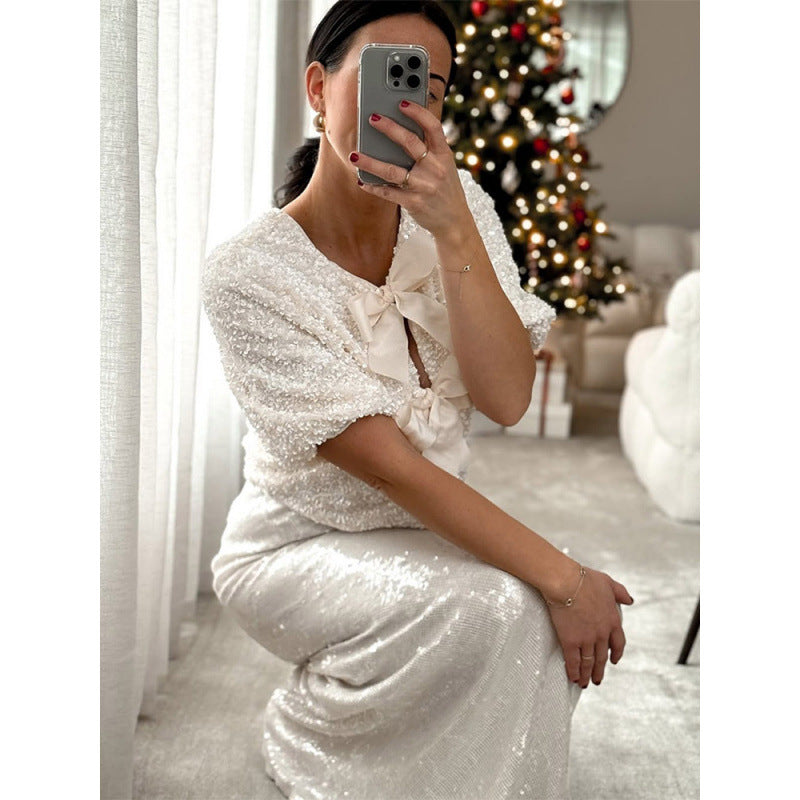 Damen Paillettenbluse mit Schleifendetails Heidi-Mode