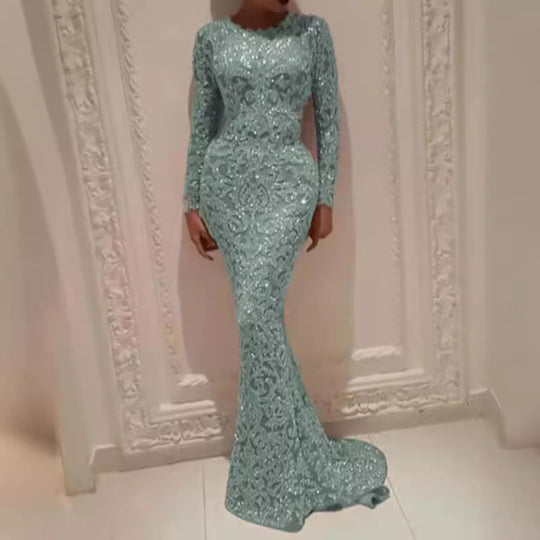 Damen Glamouröses Hochzeitskleid mit funkelnden Pailletten und langen Ärmeln Heidi-Mode