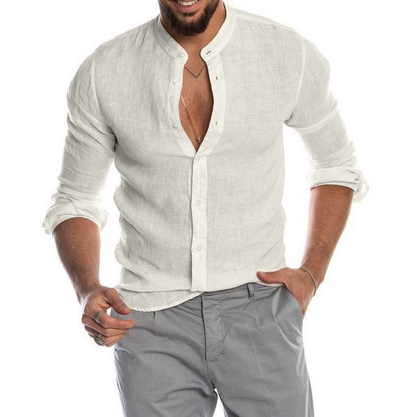 Herren Leinenhemd mit modernem Henley-Ausschnitt und Struktur Heidi-Mode