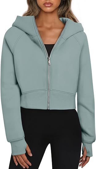 Damen cropped Kapuzenpullover mit Reißverschluss und elastischem Bund Heidi-Mode