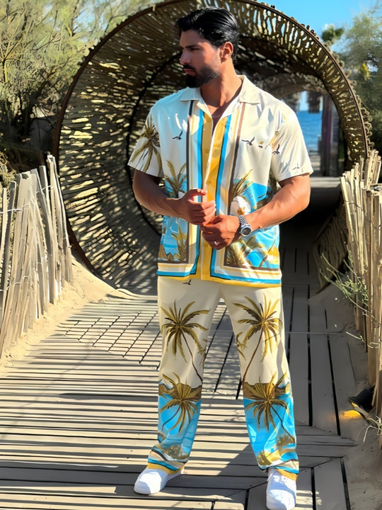 Herren Strandhemd und Hose im tropischen Palmen-Design mit kurzärmligem Schnitt Heidi-Mode