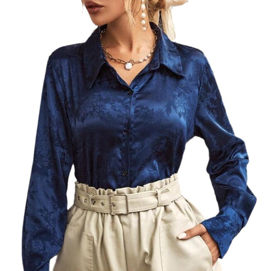Damen edle Longbluse aus glänzendem Satin mit floralem Muster Heidi-Mode