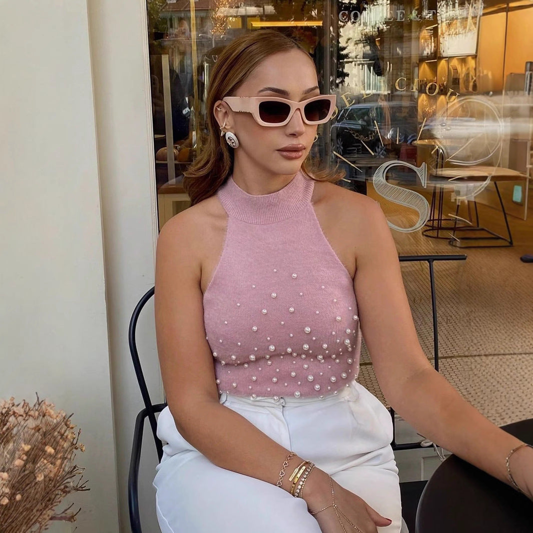 Damen ärmelloses Oberteil mit dekorativen Perlendetails Heidi-Mode