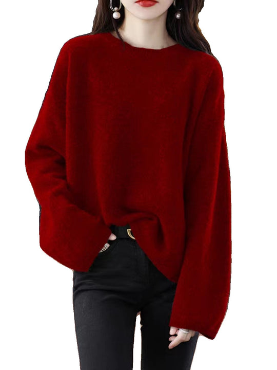 Damen weicher Strickpullover mit weitem Schnitt und legerem V-Ausschnitt Heidi-Mode